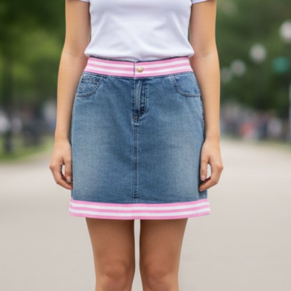 Molly B Stone Washed Denim Pink Ribbon Trimmed Zip Front Stretch Preppy Skirt